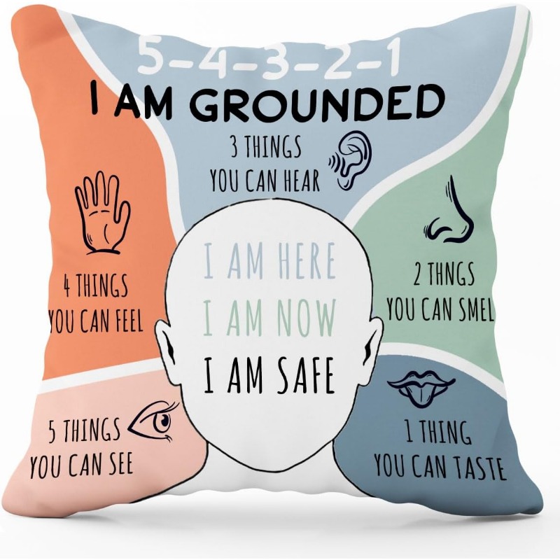 TEMU 1pc Anxiety Relief Throw Pillow Cover - "" Design With 5 (hearing, Touch, Smell, Taste, Vision) - Pastel Colors (, Orange, Green, Pink, ) -