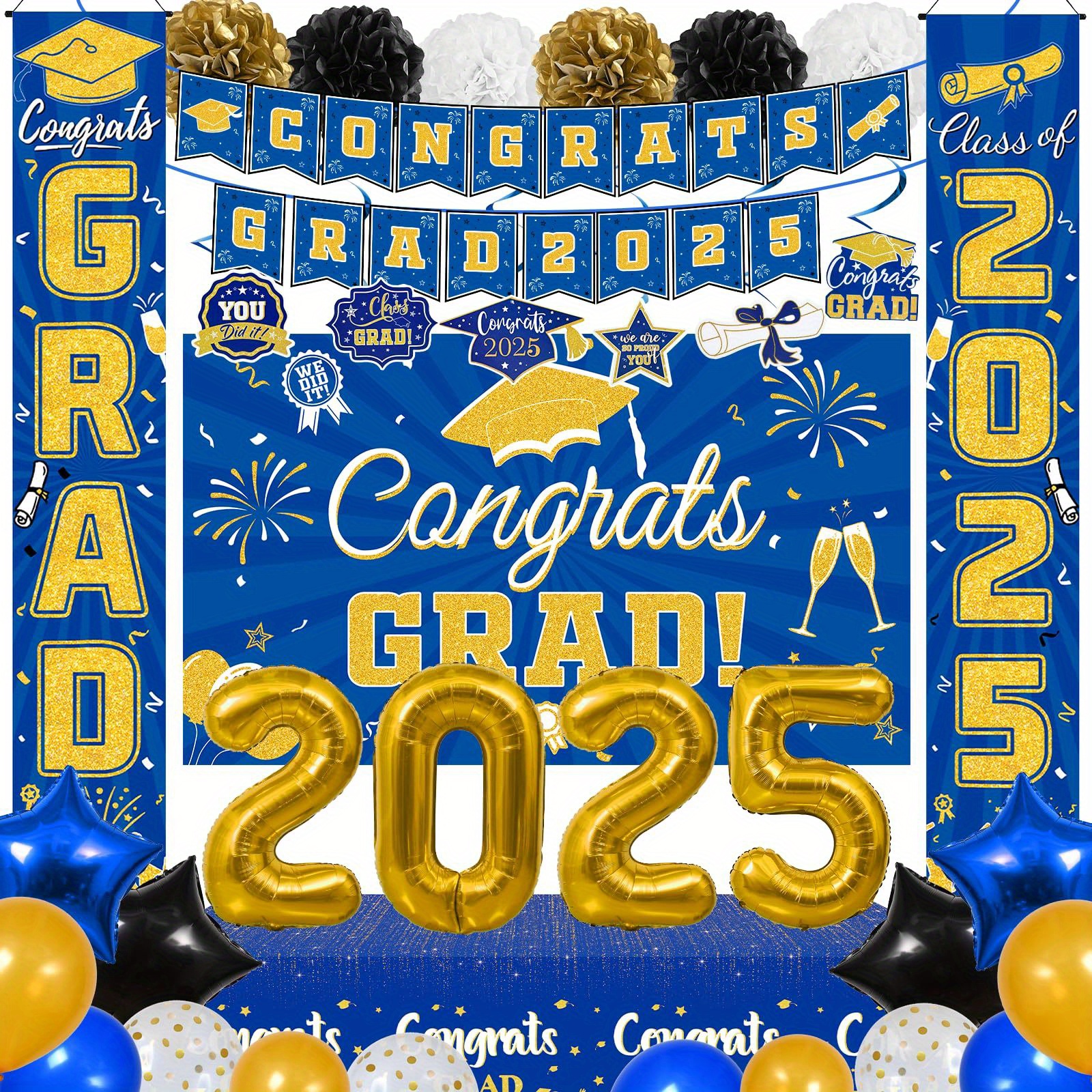 Blue Graduation Decorations 2025, Congrats Grad Porch Banner For Any Schools Or Grades 2025 Graduation Party Decorations