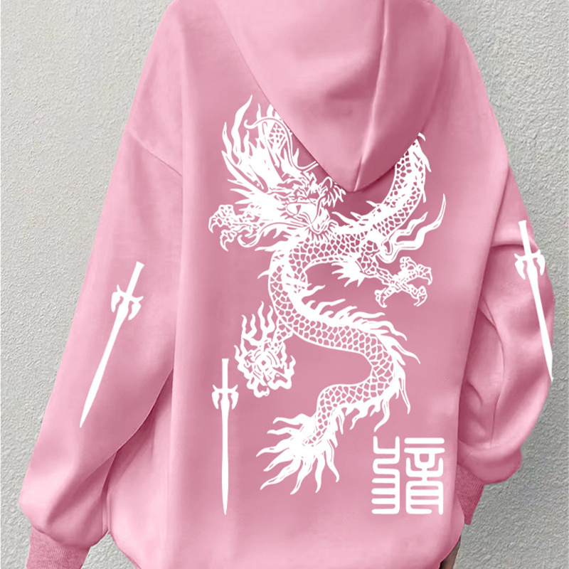 

Cozy Plus Size Dragon Print Hoodie For Women - Soft Polyester, Casual Long Sleeve With Pockets, Machine Washable