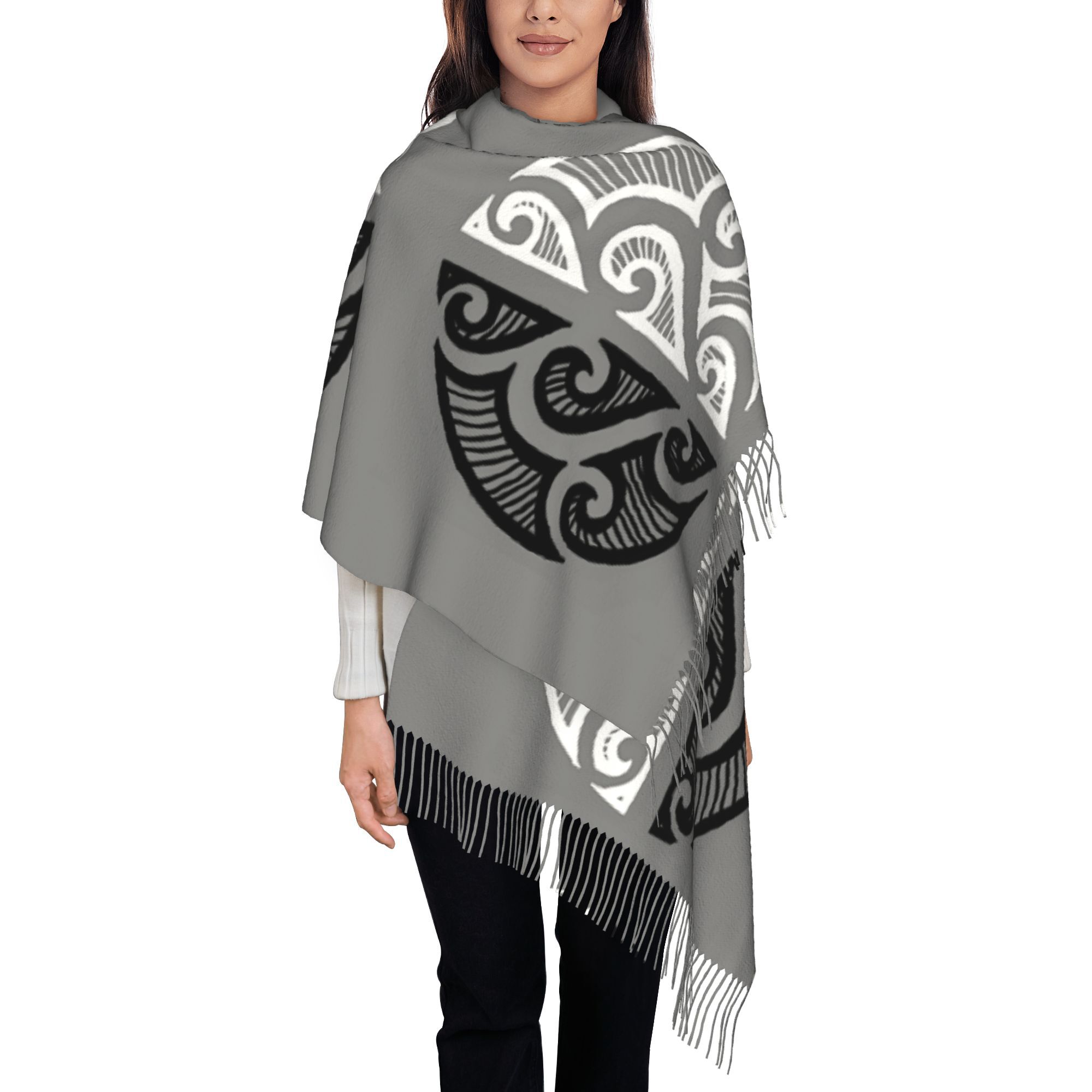 TEMU Maori Tribal Tassel Scarf - & White Tribal Suitable For Outdoor Hiking, Running, Cycling, Travel - Warm Winter Gift, Maori Cultural For Cold