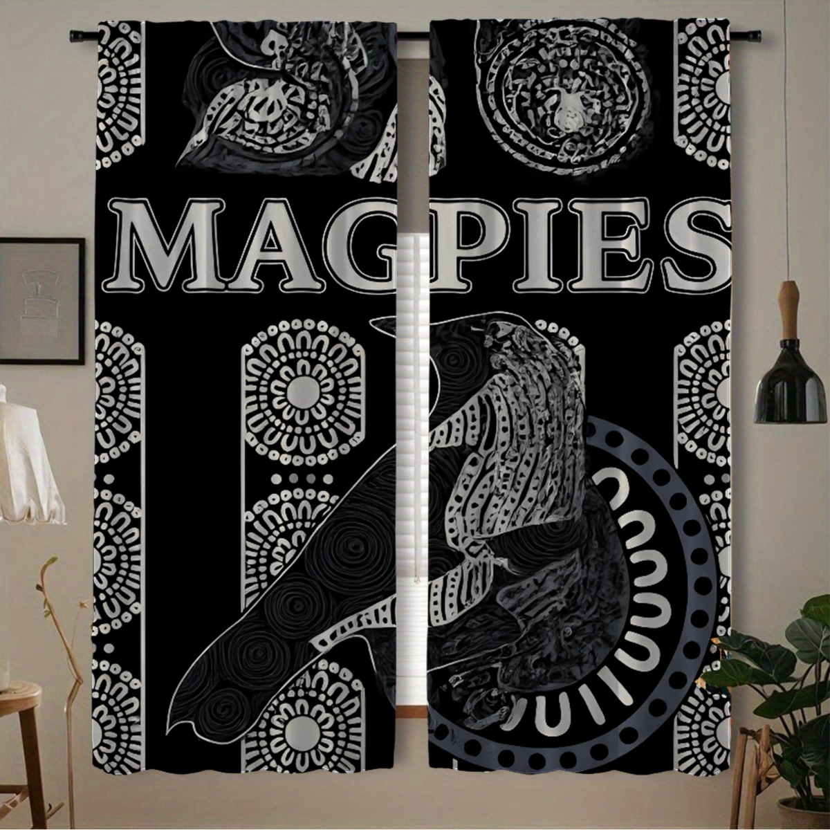 TEMU 2d Flat - 2d Flat - 2d Flat 2pcs Pole Curtains, Black And White Magpie Art Letter Print Design, Polyester Material For Light Blocking And Heat