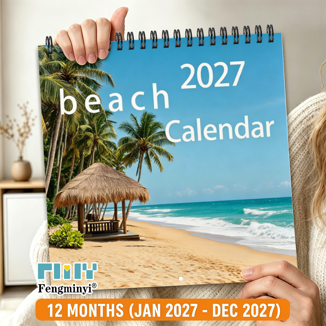 TEMU Calendrier mural, 1 pièce, Calendrier mural suspendu Plage 2027 - Agenda 12 mois avec cabane en toit de et paysage marin, avec onglets mensuels