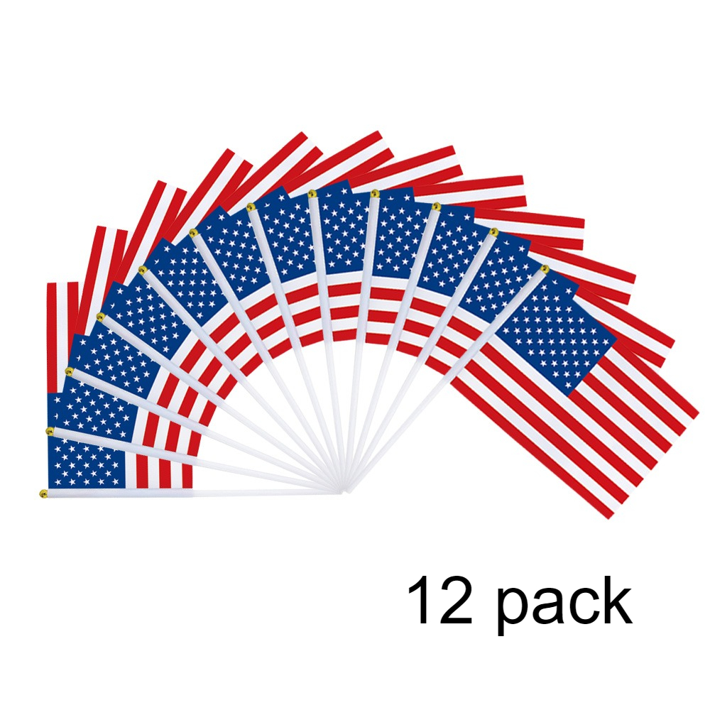 Image of 12 Pack American Flag, Usa , Small Mini Handheld American Flags On Stick, Ideal For Party, , Sports Events, Decorations, 5 X 8 Inch With Plastic Pole, 14 X