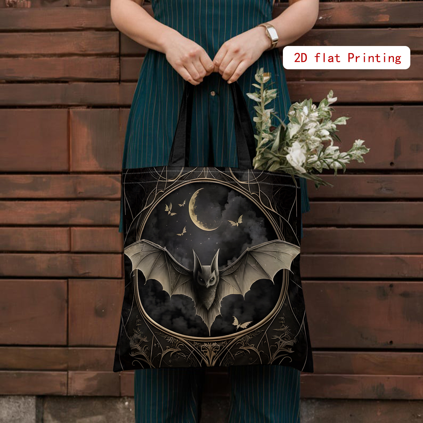 TEMU Gothic Damen Schultertasche mit Fledermaus & Mond – Leichte -Tasche im -Nacht-Himmel-Design (Fledermäuse, Halbmond) – für Halloween-Partys und –