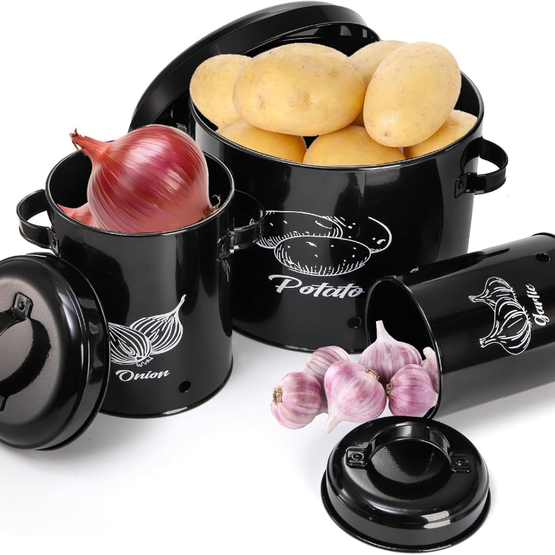 Image of 3 Pack Vegetable Storage Tins, Potato Onion Garlic Storage Canister Set, Black Metal Kitchen Vegetable Containers With Aerating Holes