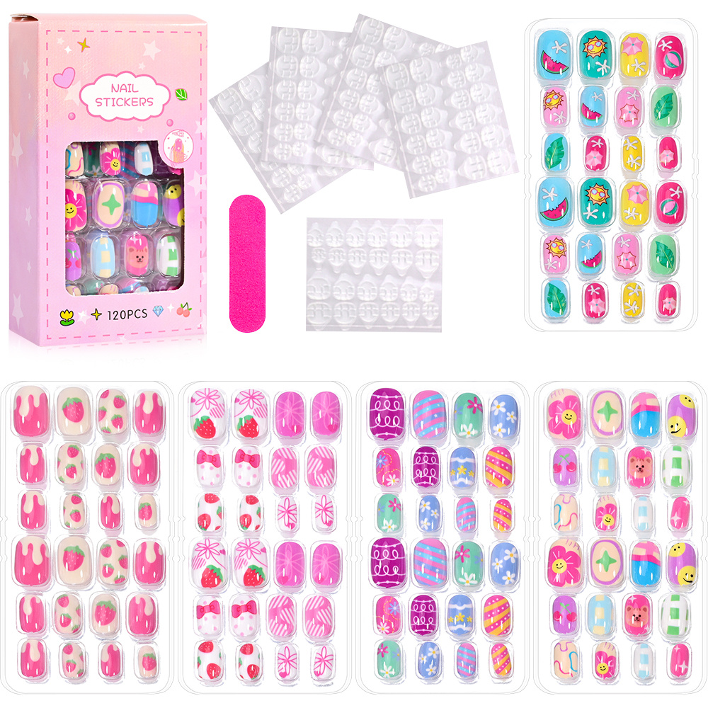 TEMU 120pcs Pink Cartoon Cute Press-on Nail Set, 120pcs Cute Cartoon Full-coverage Press-on Nails, 120pcs Oval Cute Colorful Press-on False Nails,