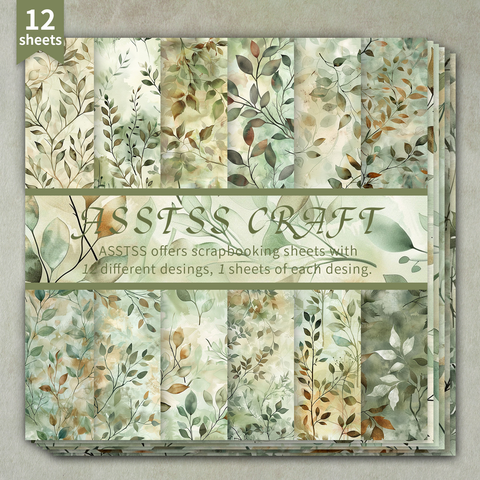 TEMU 12-sheet Asstss 6x6 Inch Scrapbooking Paper Pad, Watercolor Plant And Branch Style Backing Paper Supplies, Heavyweight Cardstock For Journaling,