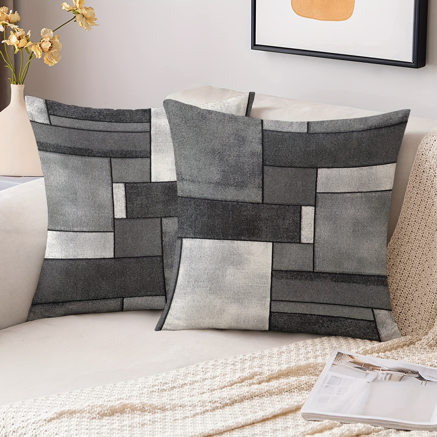 Image of 2pcs Modern Geometric Gray And White Pillow Covers Suitable For Sofas, Living Rooms, Bedrooms, Car Seat Cushions, Home Decoration, Gifts For Women Men, Throw Pillow Covers, Without Pillow Cores
