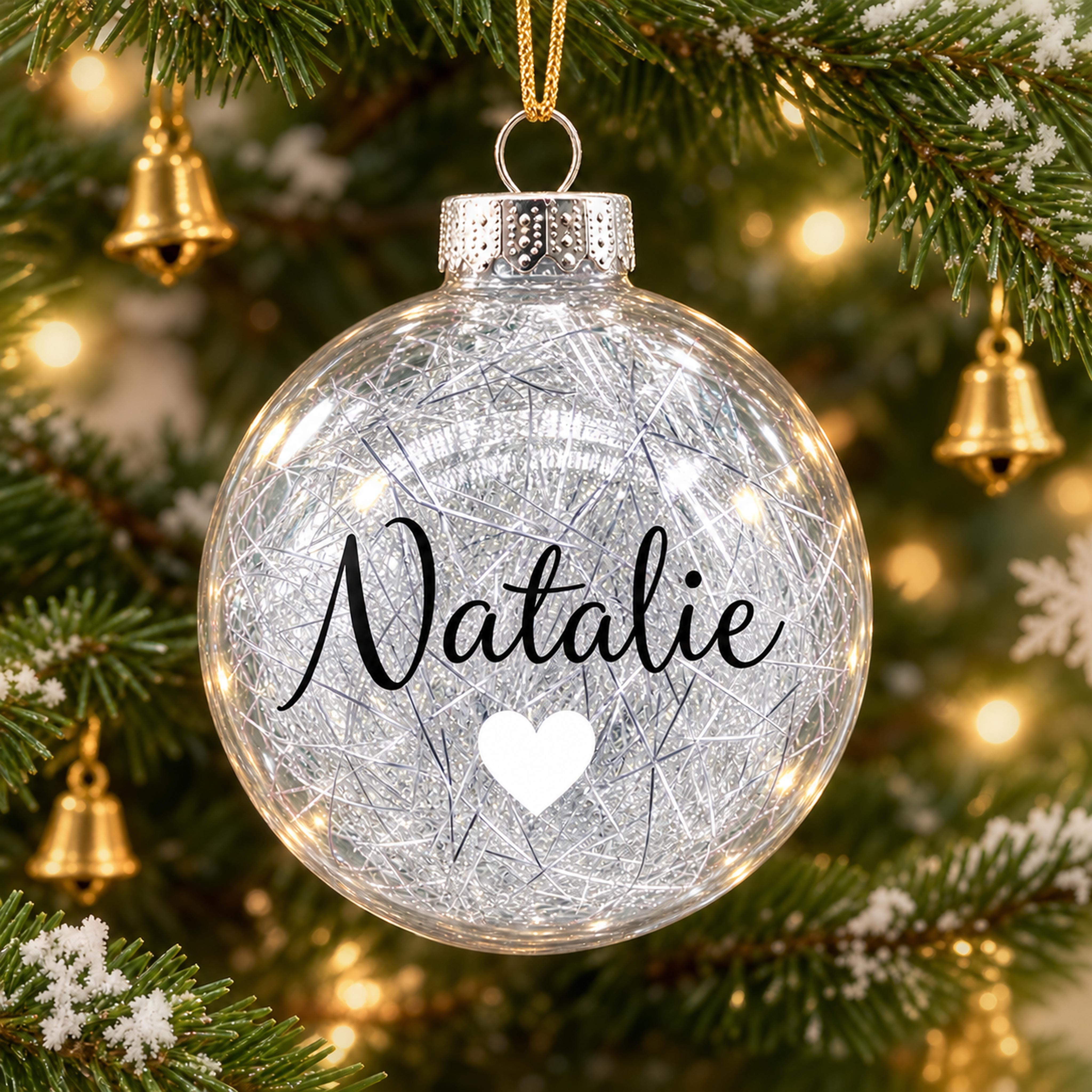 TEMU Personalized Christmas Bauble With Custom Name And White Heart, Clear 8cm Plastic Ball Ornament Filled With Sparkling Tinsel, In Red, , Golden,