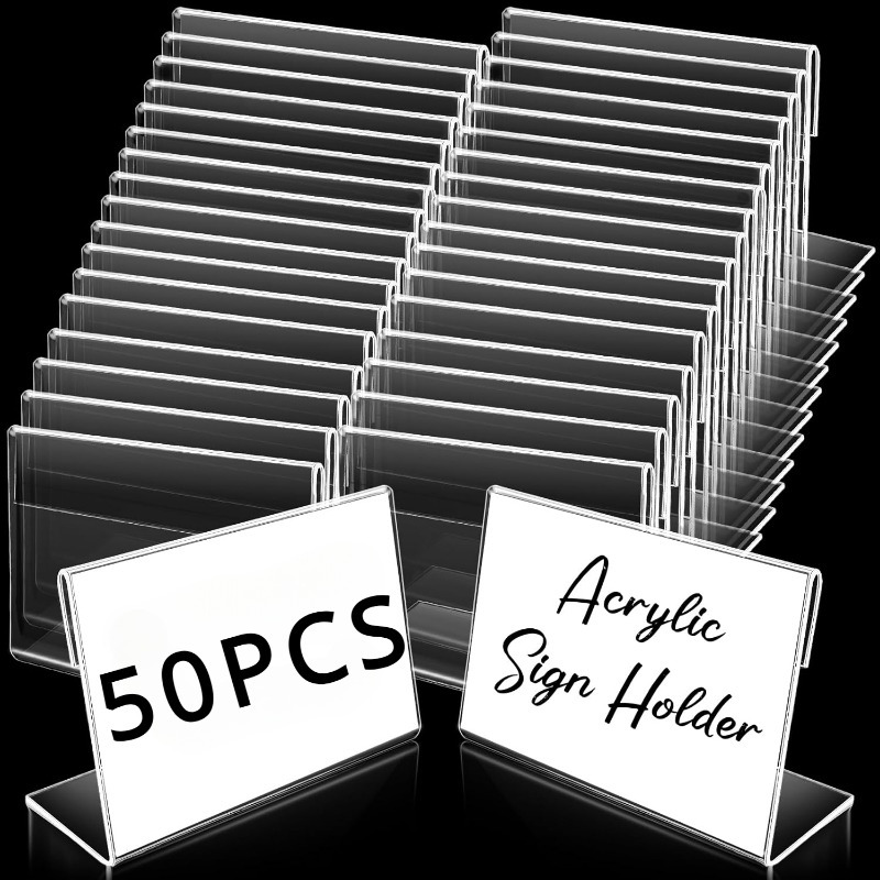 Image of Set Of 50 Small Acrylic Holders For Signs, Ideal For Retail Use, Measuring 2. By 1.57 Inches, Featuring An L-shaped Design For Displaying Name Cards, Tags, Or Food Labels On Countertops