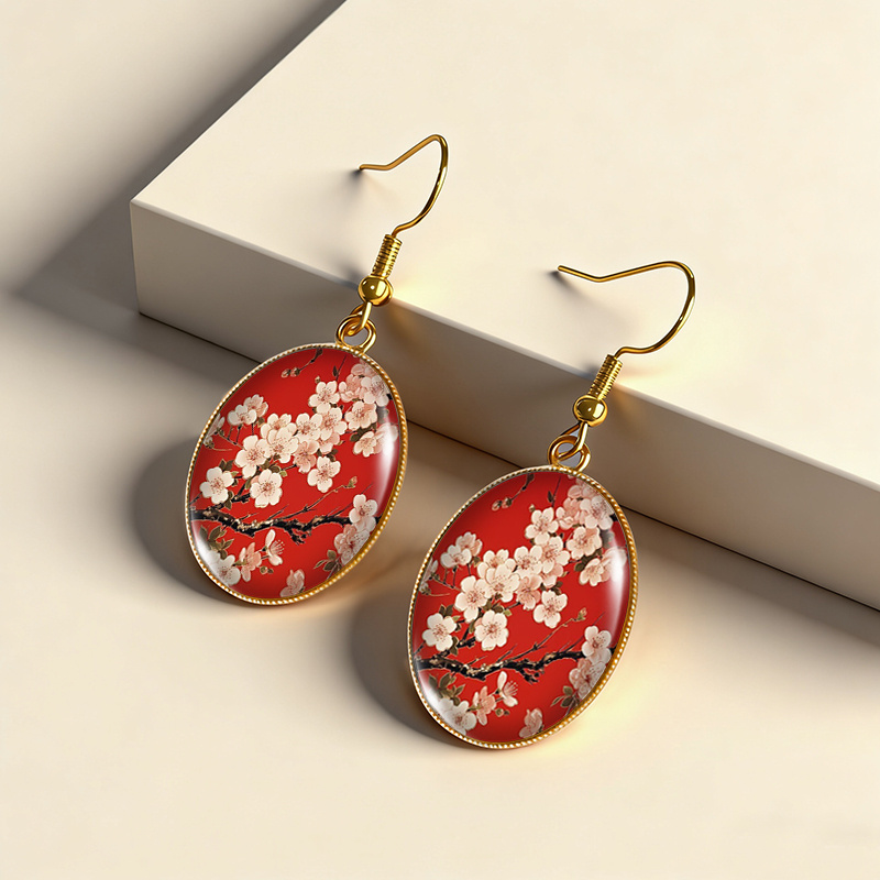 Women's Chinese Plum Blossom Art Dangle Earrings, Golden Oval Design