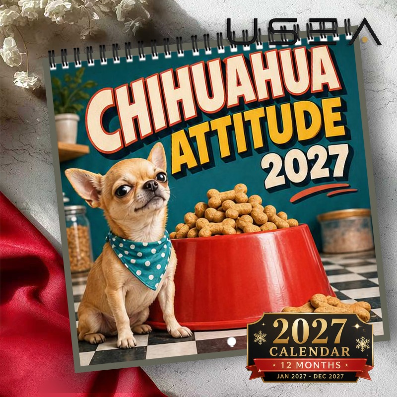 TEMU 2027 Wall Calendar2027 Chihuahua Attitude Wall Calendar, 12-month Hanging Twin Wire Calendar, 8.3x8.3 With Large Blocks, Aesthetic Decor & Gift