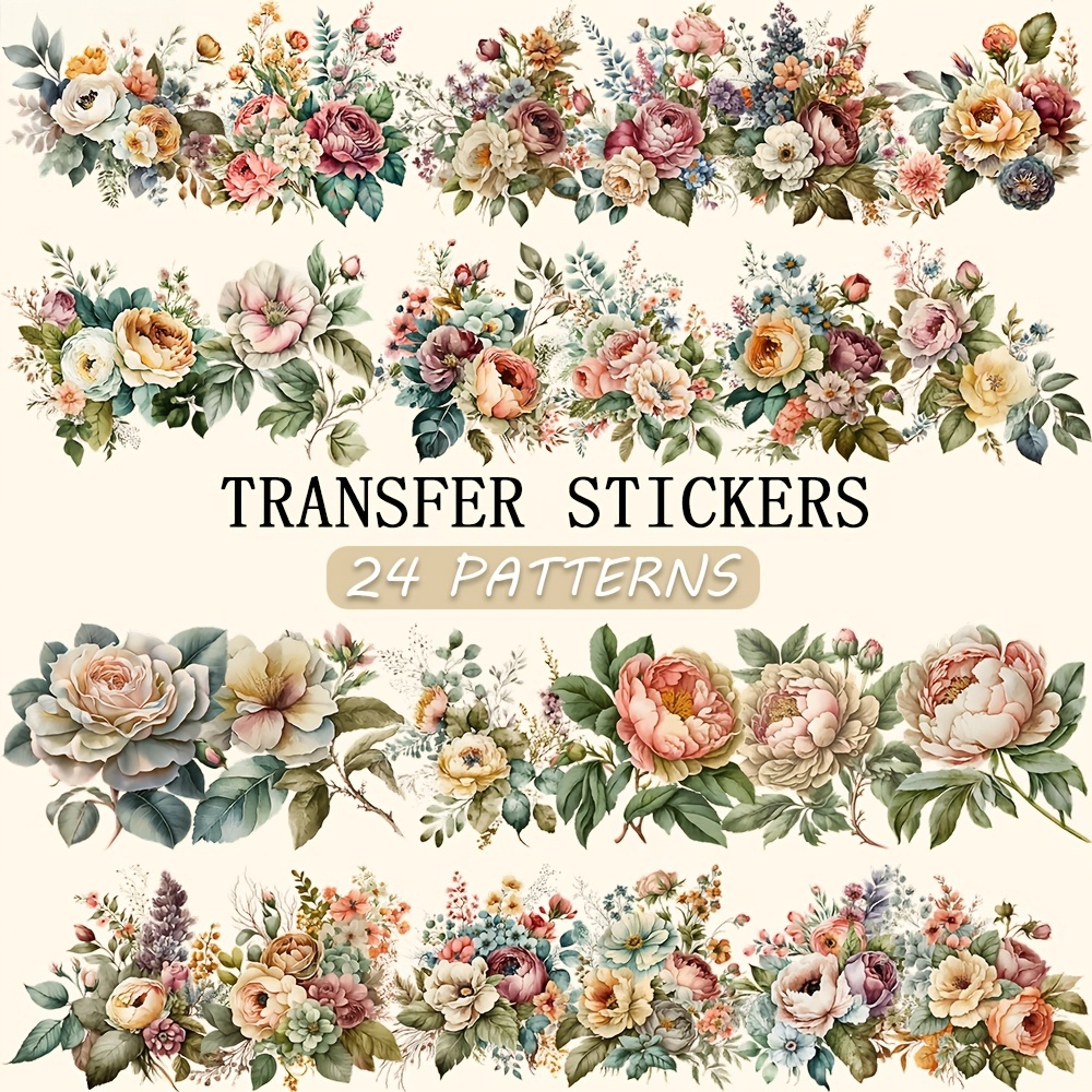 TEMU Transfert floral vintage, 24 styles, fleur UV DTF imperméable pour tasses, gobelets, bocaux, décoration artisanale DIY. transfert est inclus,