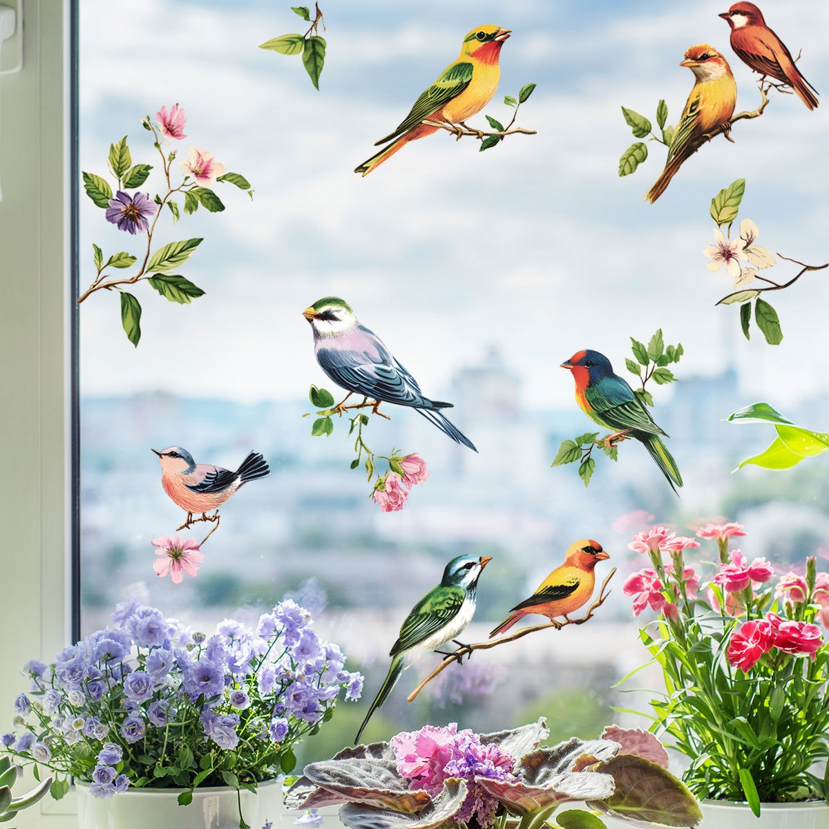 TEMU Autocollant pour vitre 2D plat, style aquarelle avec motif de fleurs, oiseaux et branches, décalcomanie décorative et pour fond de porte et