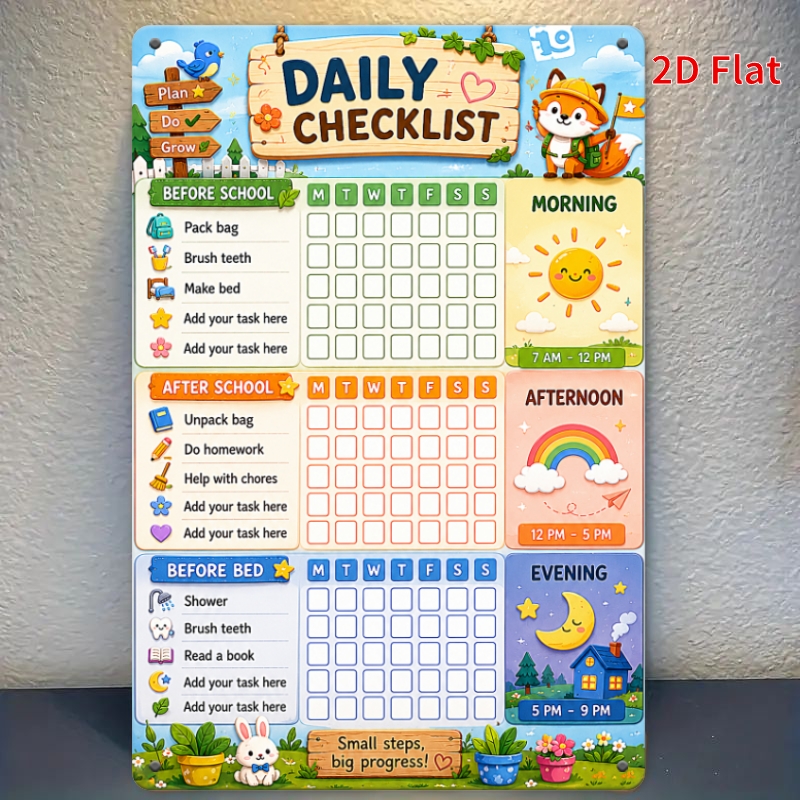 TEMU 2d Flat, [2dflat], 1pc 30x20cm- Daily Checklist For Kids Tin Plaque, Chore Chart Decorative Sign, Cute Animal Wall Art For Children's Room,