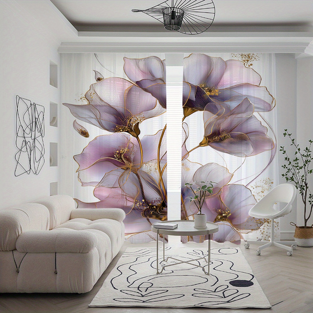 TEMU 2pcs Translucent Curtains, Home Decoration Screen Windows, Purple-golden Floral Curtains, Elegant Dynamic Design, For Home Decoration, Suitable