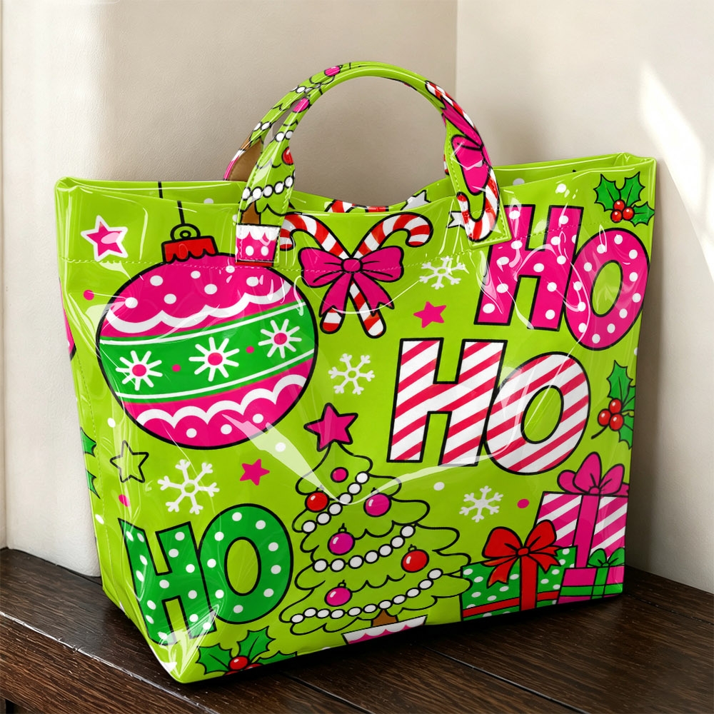 TEMU 1pc Pvc Handbag With Tape Closure Suitable For Christmas Gifts, Holiday Party, Grocery Shopping, Candy Cane & Letter Print Tote Bag, For Sweets