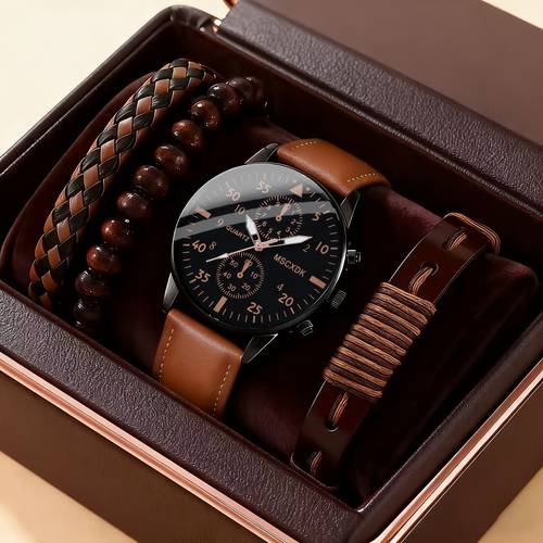 4pcs new mens round quartz watch and braided bracelet combo set for daily wear parties valentines day men dad gift for gift box not included