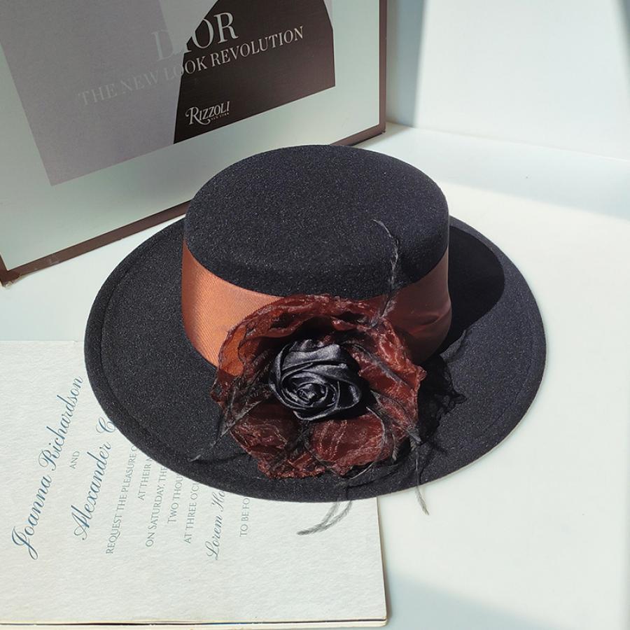 elegant black rose flower bucket hat with brown ribbon band  display picture 1