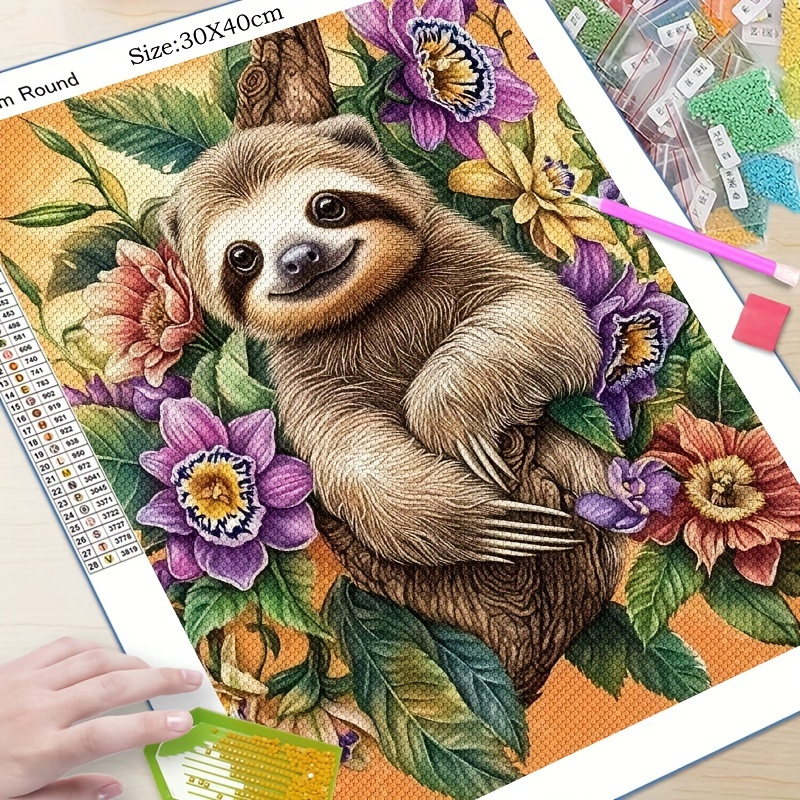 

Complete 5d Round Diamond Painting Kit - Sloth In Floral Setting, 11.8x15.8 Inches - Diy Mosaic Wall Art For Adults & Beginners, Acrylic Craft Set With Diamonds, Decor Gift, Diamond Art