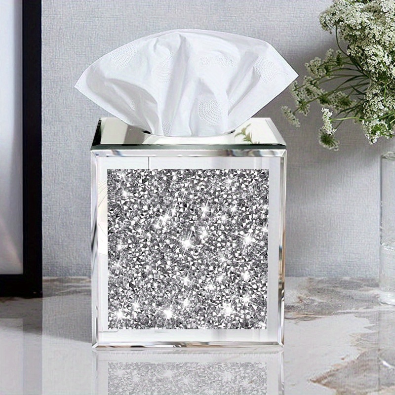 square mirrored tissue box covercrystal crushed diamond tissue box silvery luxury   for either tissues in a bathroom or napkins on a table. 5.5 x5.5 x5.5,   accessory, napkin holder, elegant decor, stylish organizer, decorative  , handcrafted detail, decorative tissue dispenser, interior designers, home decor lovers Product details 2