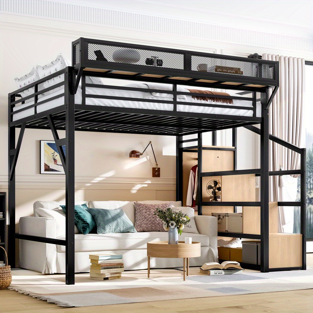 queen loft bed built in wardrobe storage stairs shelves - Temu