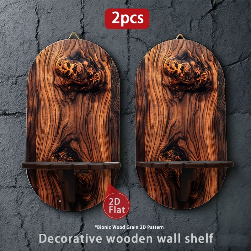 TEMU 2pcs Wooden Wall-mounted Candle Holder Shelf, Multifunctional Wall Storage Rack, Featuring Exquisite 2d Patterns With Wood Grain Texture And