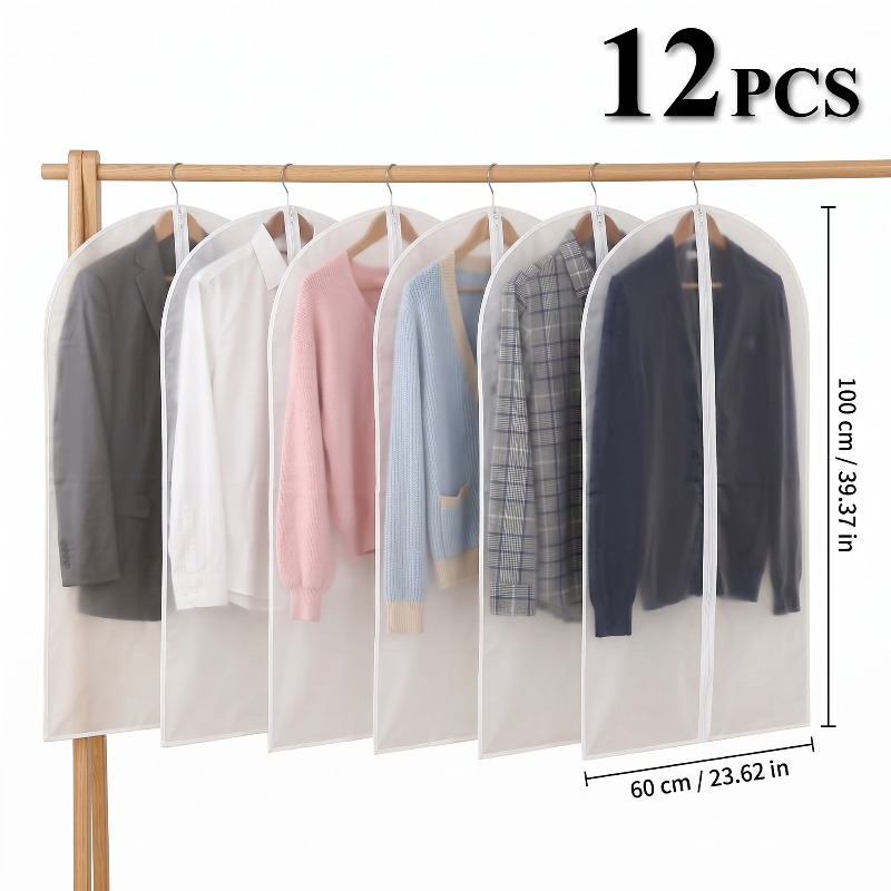 TEMU 12pcs Clothing Storage Hanging Bag, Clothing Dust Bag, Transparent Hanging Clothing Protective Cover, Thick Frosted Transparent, Dust-proof And