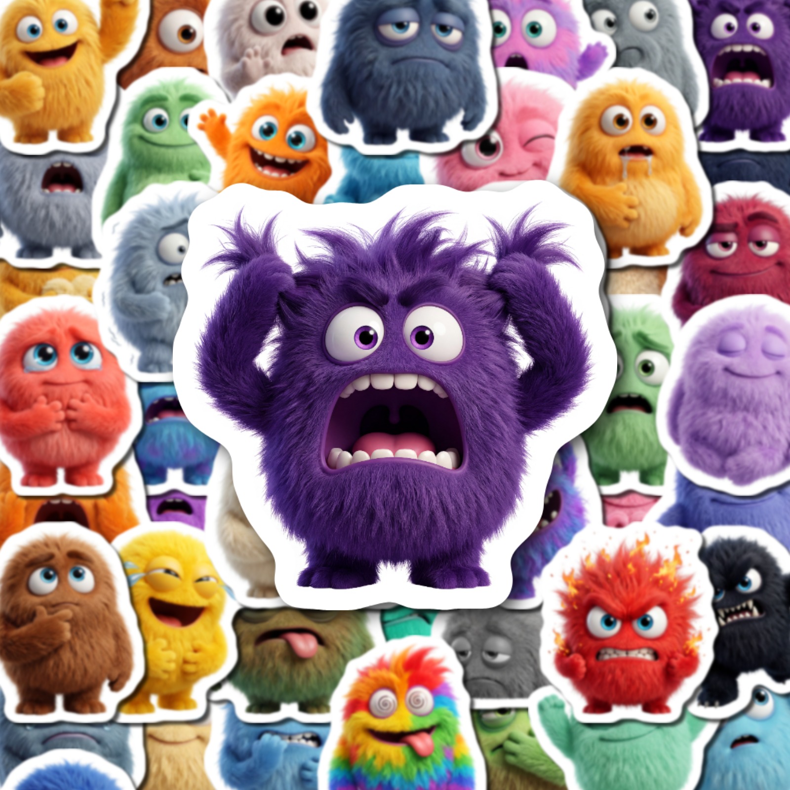 Image of 50pcs Fluffy Monster Cartoon Stickerswaterproof Durable Featurescartoon Cute Stylefluffy Texture Stickersdiverse Emotion Stickersscratch Proof Material Designdecorate Notebook Water Bottle