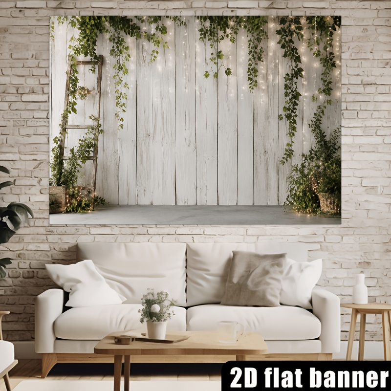 Natural Wood Plank Backdrop with Ivy Garland and String Lights