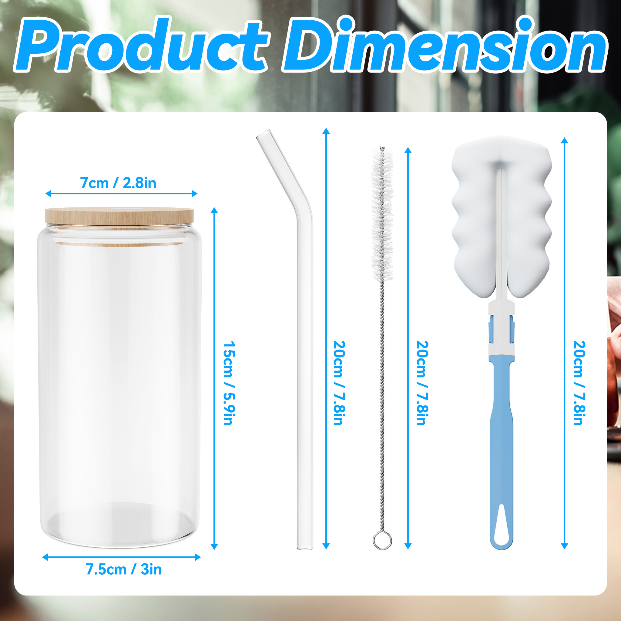 E-shop 6er-Pack 550ml Sportgläser Trinkgläser Glasbecher mit Bambusdeckel Glasstrohhalm Cocktailgläser für Eiskaffee Limonade Cappuccino Smoothie