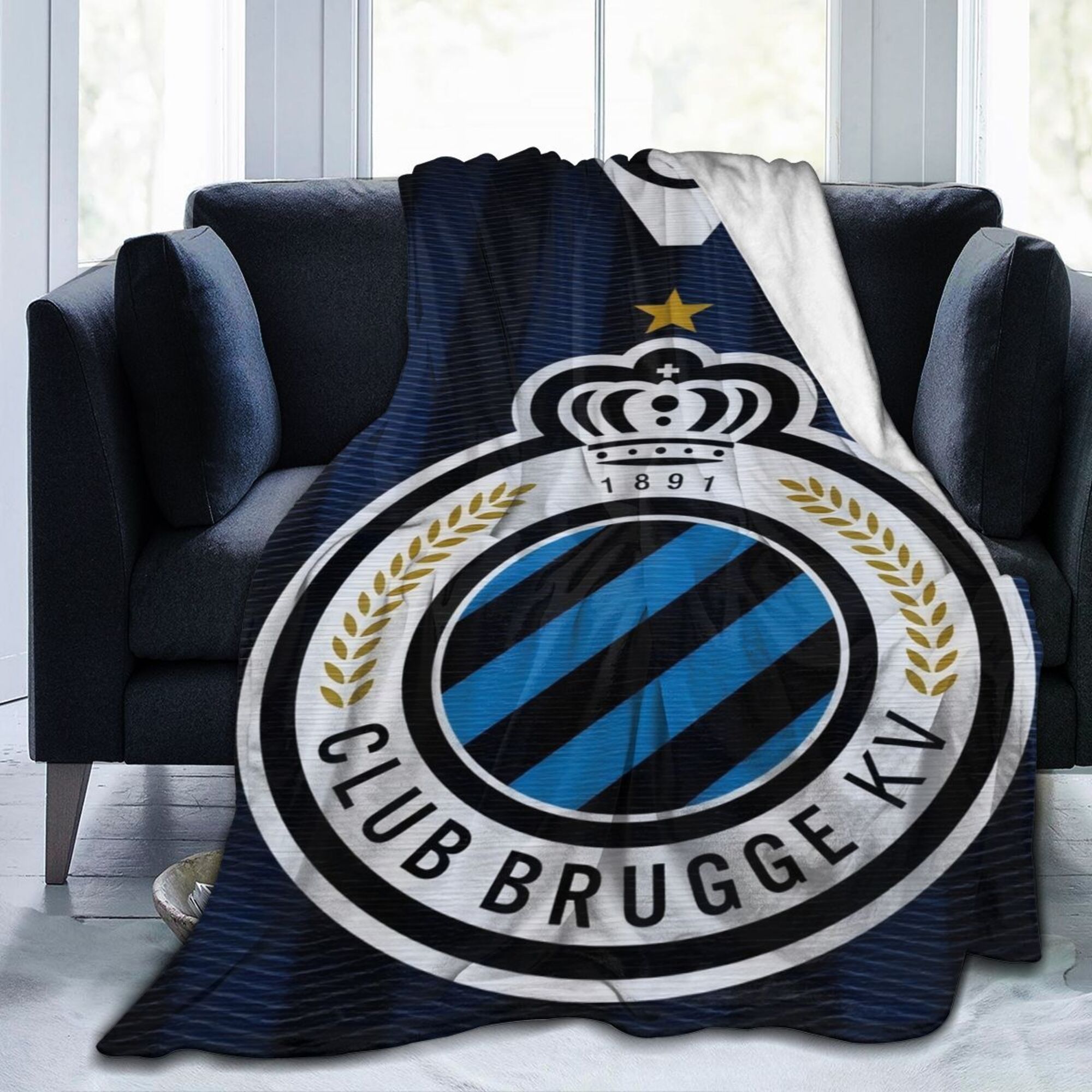 

1pc Club Brugge Inspired Flannel Fleece Throw Blanket - Style Knitted Polyester, , Gift Blanket For Living Room, Office, Sofa Decor - 250-300gsm