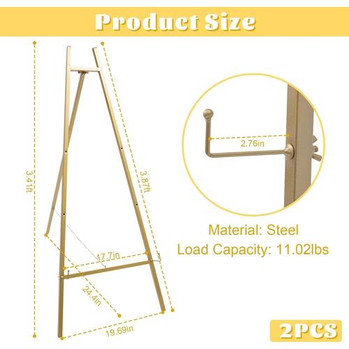 2 pack goodslinesshop golden easel stands heavy duty adjustable height angle foldable stands 40 95 inch with rust resistant spray 11 02lb capacity for weddings shops exhibitions wedding display stand sleek golden easel rustresistant