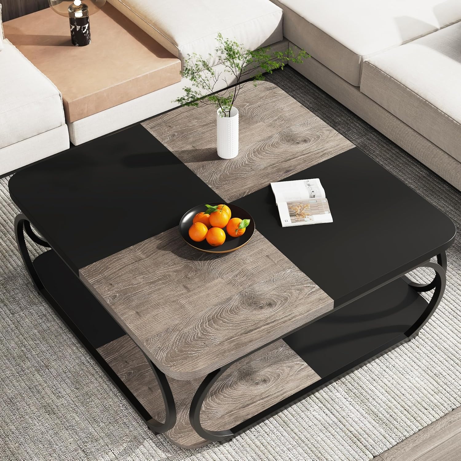 Coffee Table With Open Storage Shelf For Living Room, 39 Inch Large Wood Center Table Square Low Coffee Tables 2 Tier Farmhouse Tea Table With Metal Frame For Home Office, Grey