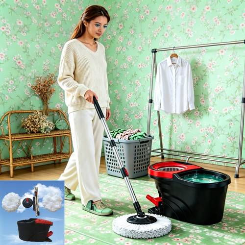 Mop Set, Wringing Spin Mop Set with Wringing Mop Bucket, Telescopic Handle, and Pedal for Convenient Sweeping and Wringing, Suitable for Daily Household Cleaning, Wringing Mop Set, Cleaning Mop