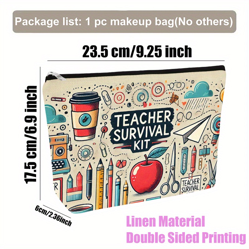 TEMU Teacher Survival Kit" Linen Makeup Bag - Educational Design With Zipper, Unscented, Multi-functional Travel Cosmetic Pouch For Women, Ideal Gift