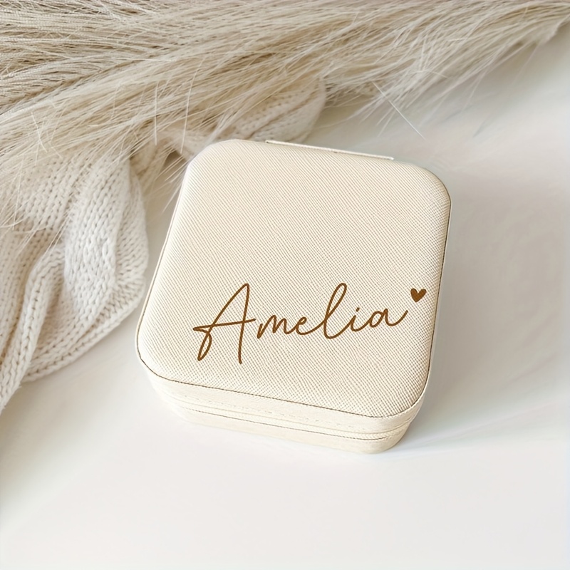TEMU [custom] 1pc Personalized Handwritten Name Heart-shaped Jewelry Box - Custom Beige Fabric Lined Travel Organizer With Zipper Closure And Soft