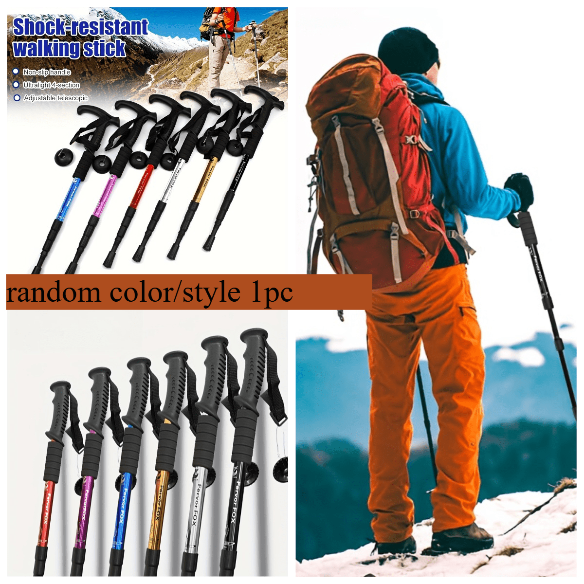 TEMU 1pc Random Handle Style Collapsible 4-section Trekking Pole, Random Color, Outdoor Hiking Assistant