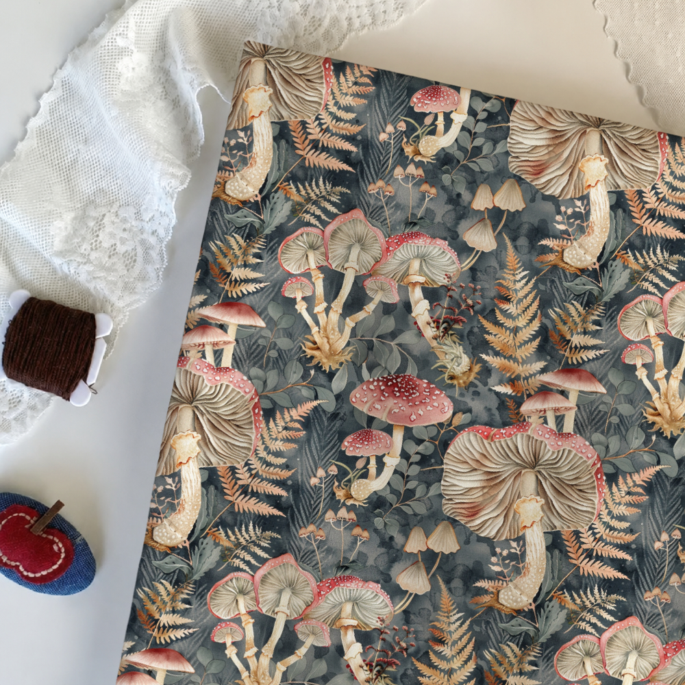 TEMU 1pc, Mushroom And Fern Pattern Fabric, Multiple Sizes Available, Soft And Comfortable Fabric, Diy All-polyester Handmade Fabric, Suitable For ,