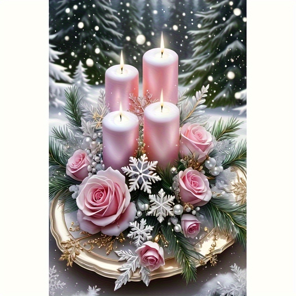 Image of 1pc 5d Diamond Painting Kit - Pink Candle And Rose, Round Acrylic Canvas, Handicraft, Festive Home Wall Decoration, Frameless Gift, Multiple Sizes: 19.99x24.99cm, 30x40cm