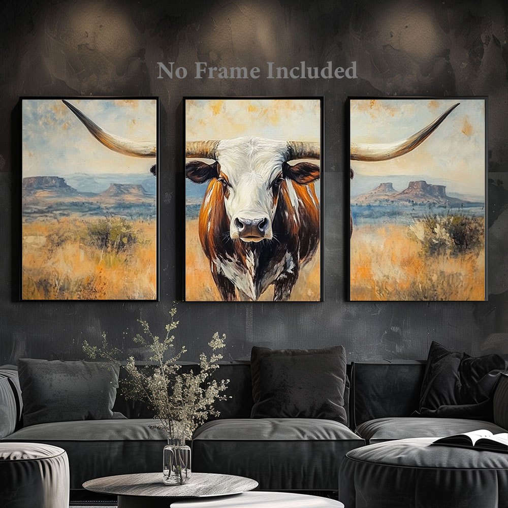 

3pcs Set, Rustic Longhorn Cow Canvas Wall Art, Southwestern Landscape Paintings, Large Size Decor For Living Room, Bedroom, Hallway - Style