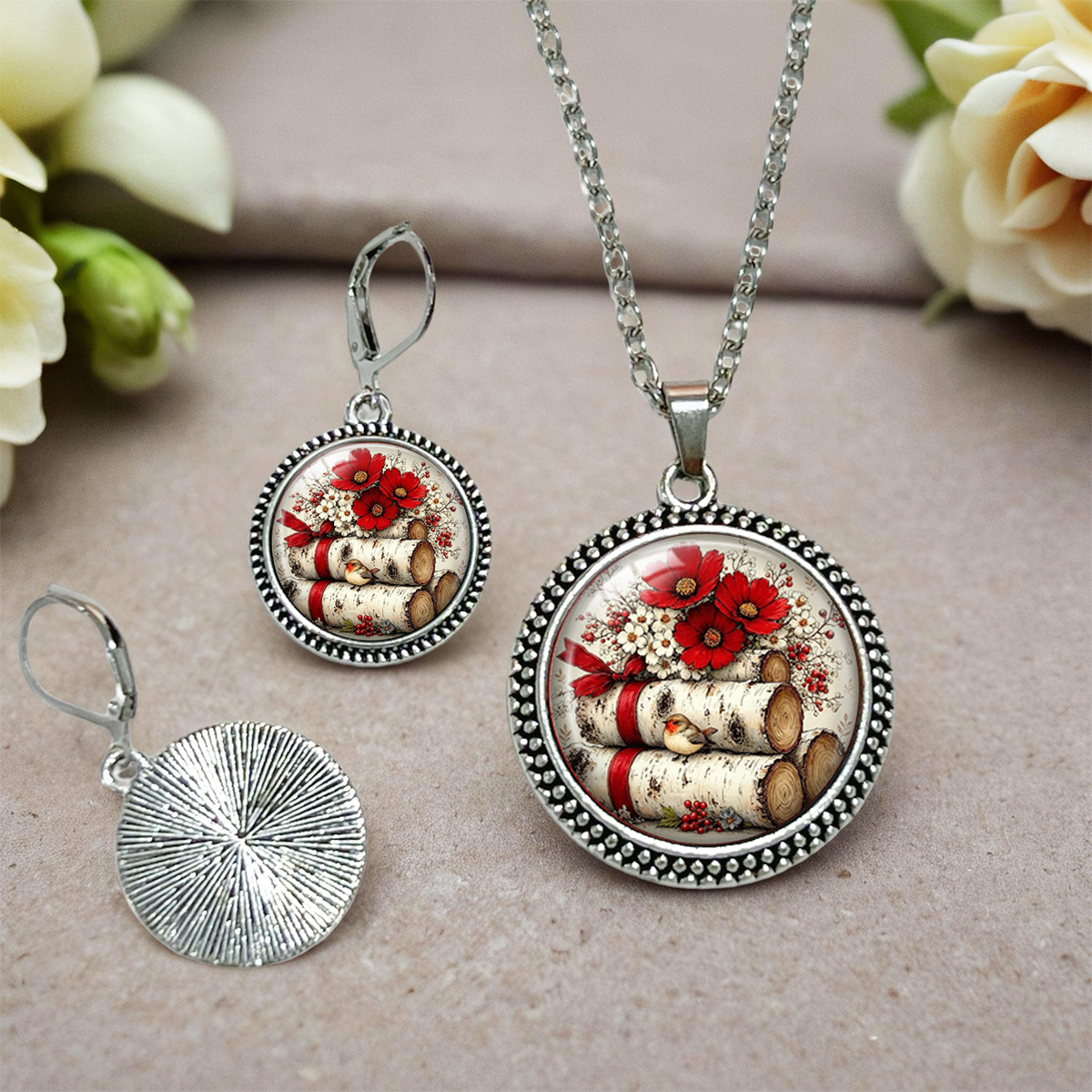 3pcs Tree Trunk Red Flowers Little Birds Necklace Earrings Set