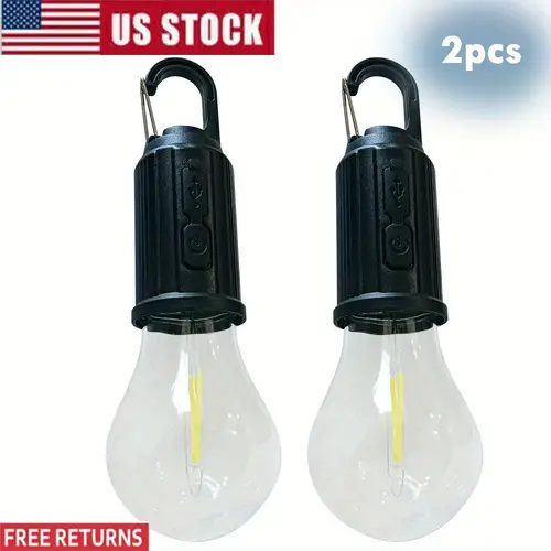 2pcs rechargeable led camping light bulbs with hooks portable usb powered tent lamps for hiking fishing backpacking emergencies 30w brightness abs material polished usb charging cables portable lighting durable abs material
