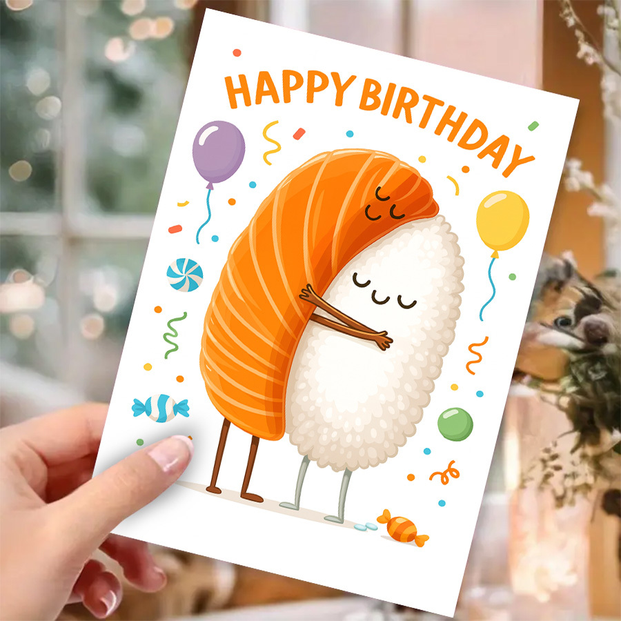 Image of 1 Hugging Sushi Character Birthday/christmas/valentine's Day Card - Name Theme Card, Perfect For Food Lovers, Anime Fans, And Unique Gift