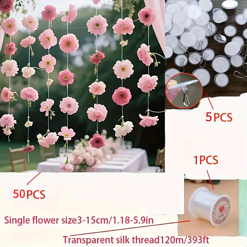 TEMU 56 Pink Floating Flowers With 5 Adhesive Hooks, 1 Roll Of Transparent String, Diy Hanging Decoration, Random Colors And Rain Scene Design-