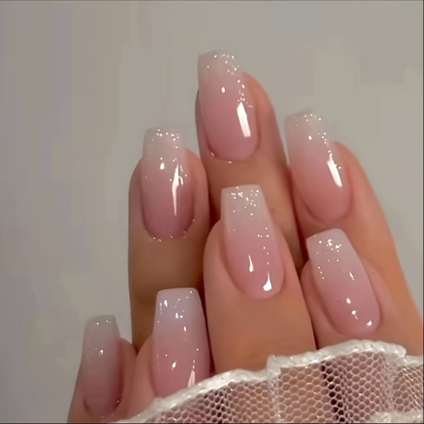 Image of 48 Long Ballet Shoes Press Nails | Gradual Change Pink With Glitter, Glossy Surface, Pre-designed Fake Nail Tips, Easy To Apply, Stylish Nail Art, Includes Nail Cover (jelly Glue And Nail File)
