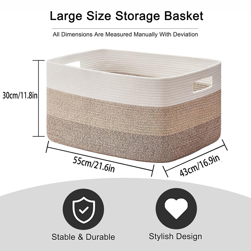 Image of Woven Storage Basket With Handles, Large Cotton Rope Basket For Towels Blankets Clothes, Rectangular Organizer For Living Room, 21. 7 X 16. 9 X 11. 8 Inch, Shelf Baskets
