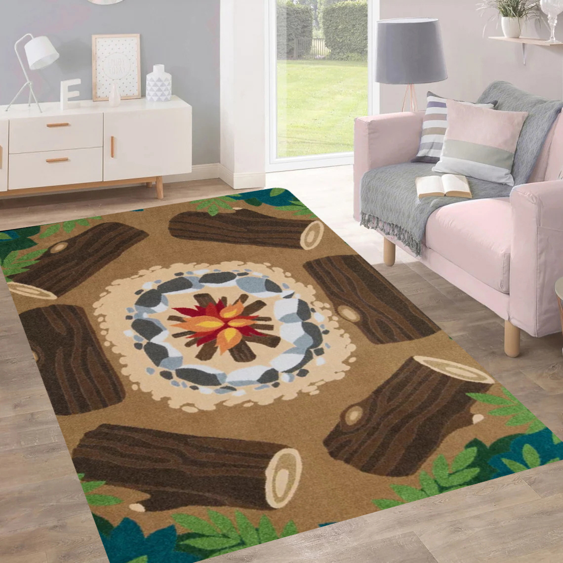TEMU 1pc Tapis imprimé Campfire - Polyester doux, lavable, support antidérapant, plusieurs tailles disponibles, idéal pour la décoration de salon,