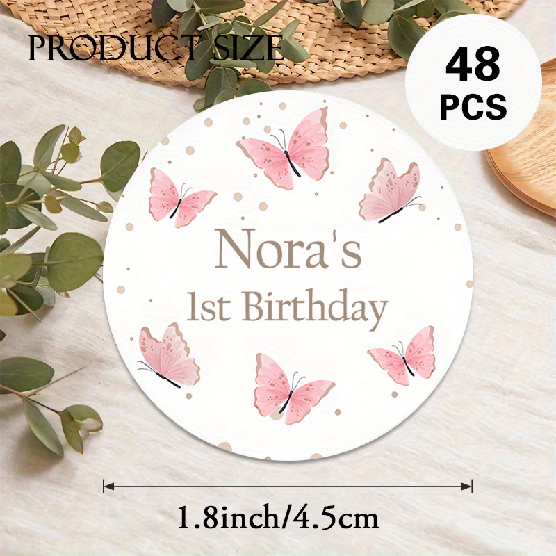 TEMU Custom 48/96pcs Birthday Round Stickers, Personalizable With Names, Dates, Etc. Pink Butterflies & Polka Dots Design. Ideal For Birthday Party