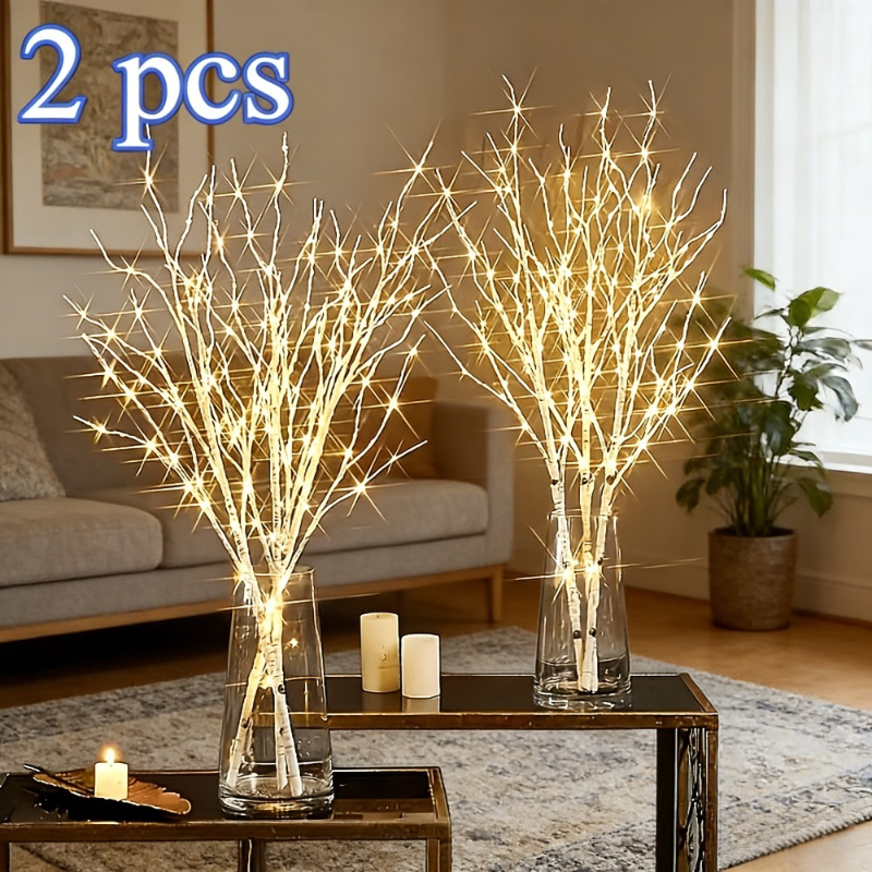 TEMU Lot de 2 lampes branche de bouleau phosphorescentes - Branches illuminées élégantes pour Noël, le An, décoration intérieure tendance pour tables